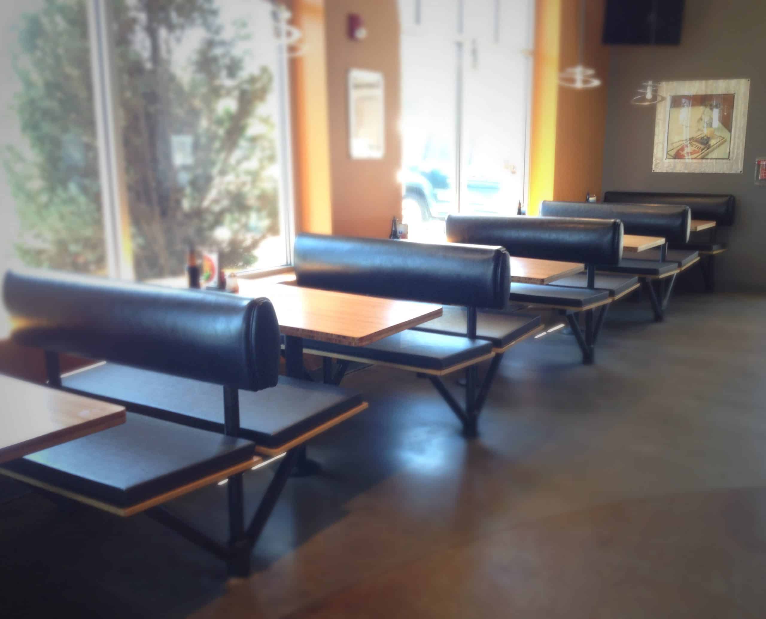 Restaurant Seating Remodel with New Booth Seat Cushions in NaugaSoft Black Satin